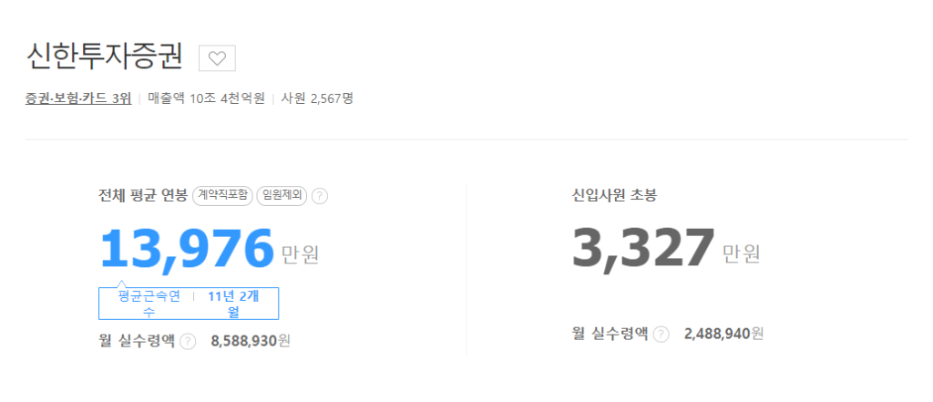 신한투자증권 평균연봉